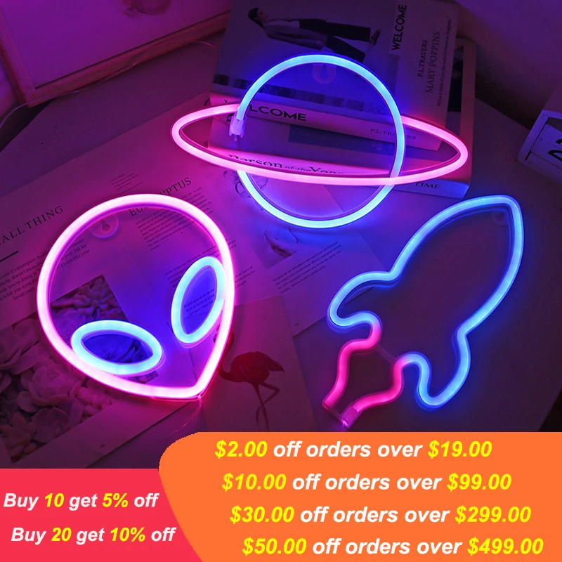 

Planet LED Lights Neon Light Sign Bedroom Decor Rocket Alien Neon Night Lamp For Rooms Wall Art Bar Party USB or Battery Powered