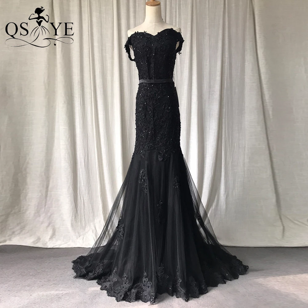 

Black Evening Dresses Mermaid Bead Lace Appliques Prom Gown Sweep Train Elegant Off Shoulder Side Sleeves Formal Party Dress