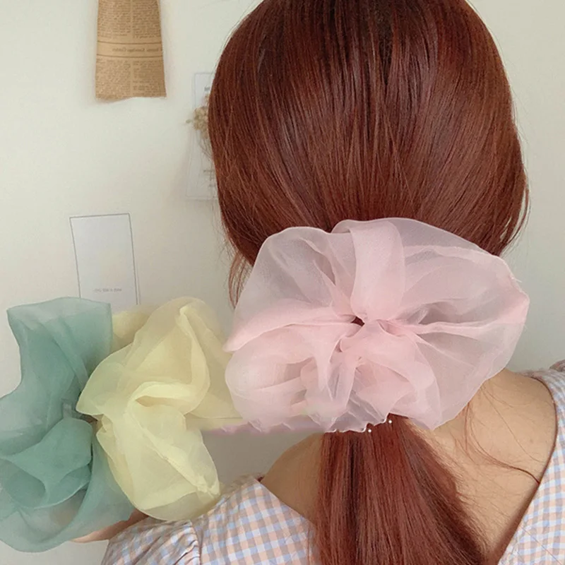 

Резинки для волос женские из органзы, однотонные элегантные эластичные заколки большого размера в Корейском стиле, ярких цветов, аксессуар...