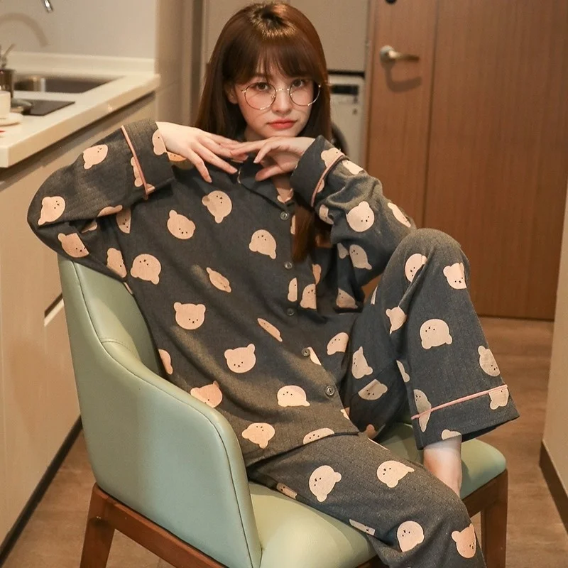 2022 new style pajamas women's cardigan long sleeved trousers pure cotton lapel leisure spring clothes can be worn out