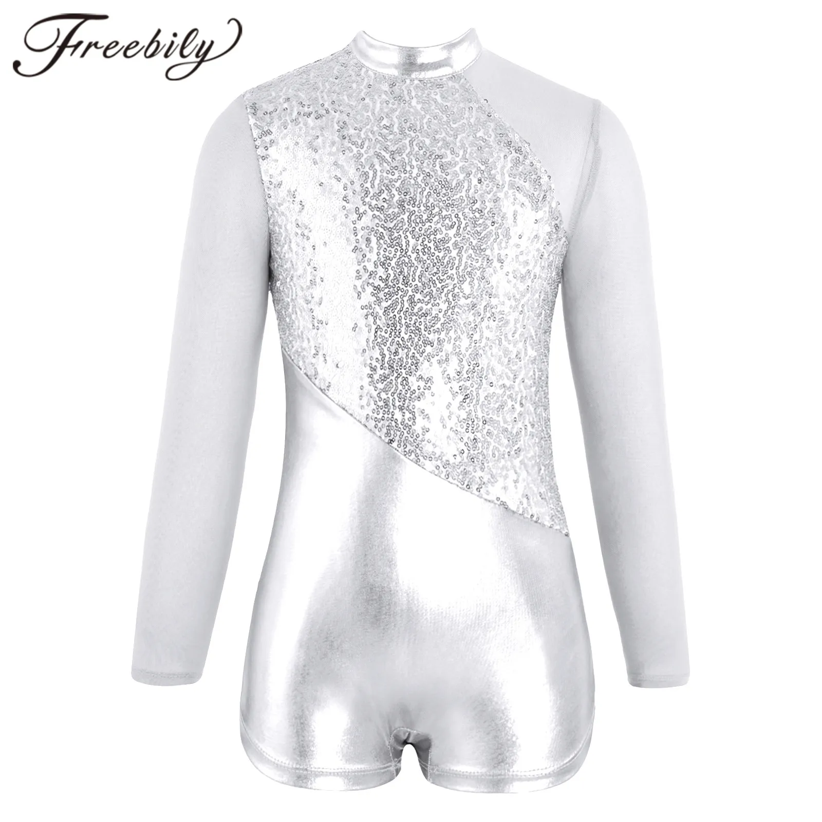 

Kids Girls Sparkling Sequins Mesh Splice Metallic Ballet Leotard Long Sleeve Gymnastics Leotard Children Dance Unitatds Costume