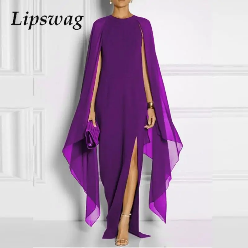 

Fashion Solid Slim Maxi Dress Women Sexy Shawl Cloak Sleeves Chiffon Long Dress Office Lady Elegant O Neck Irregular Party Dress