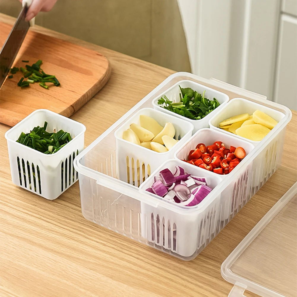 

Refrigerator Storage Box 4/6 Grid Food Vegetable Fruit Storage Box Fridge Organizer Drain Basket Meat Onion Ginger Clear Crisper