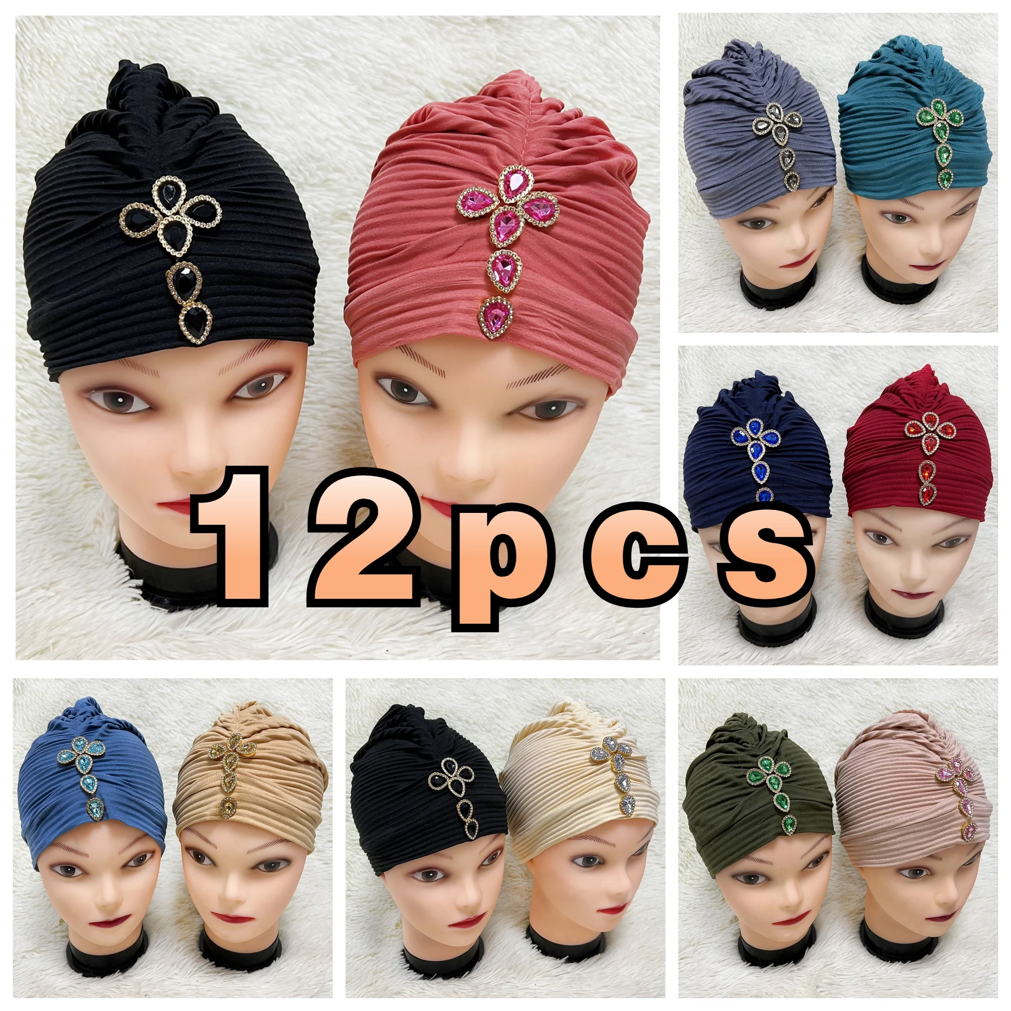 

Wholesale 6/12 Piece Best Selling Flannel Hat Women's Cap Forehead Cross Muslim Base Scarf Indian National Style Pearl Headdress