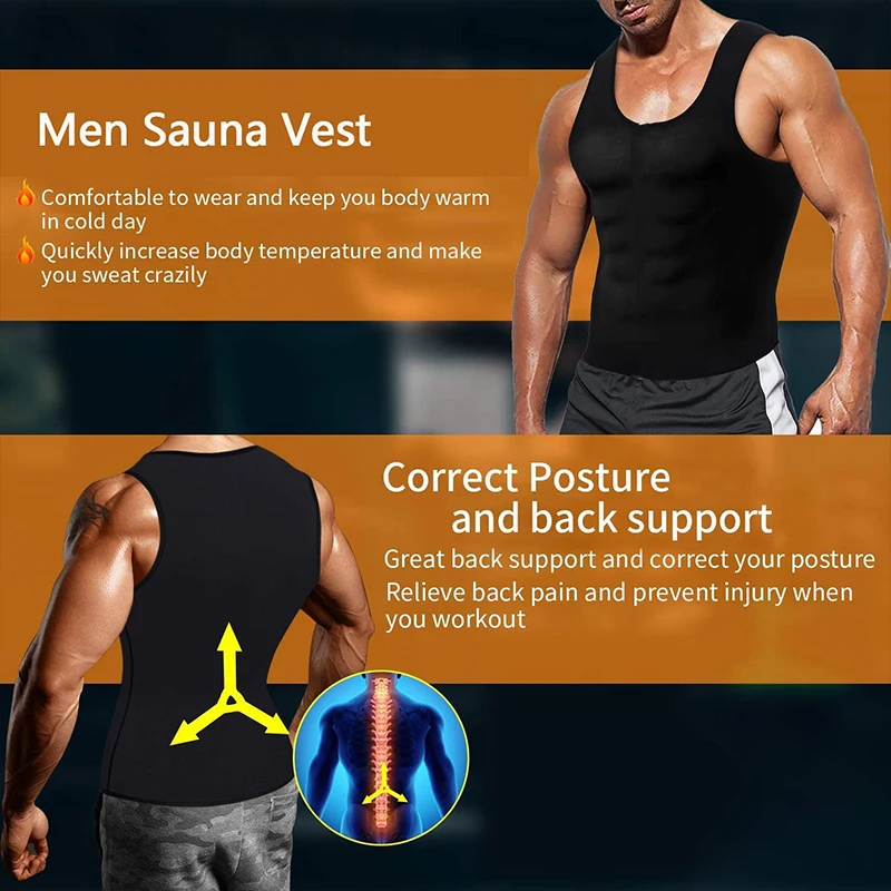 Sauna Sweat Vest Workout Tank Top Waist Trainer for Men Compression Workout Enhancing Vest With Zipper Suit Gym Clothing