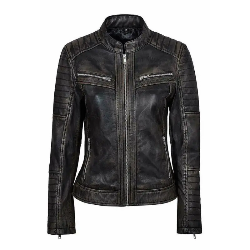Womens Cafe Racer Moto Biker Distressed Black Vintage Real Sheep Leather Jacket