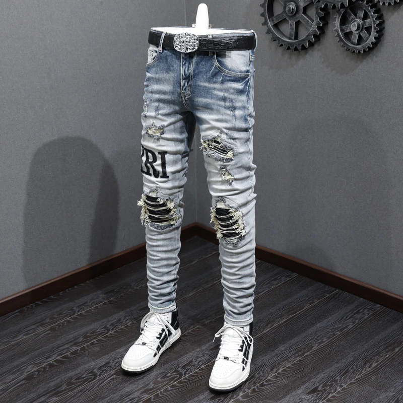 High Street Fashion Men Jeans Retro Blue Elastic Stretch Skinny Fit Ripped Jeans Men Patches Designer Hip Hop Brand Pants Hombre