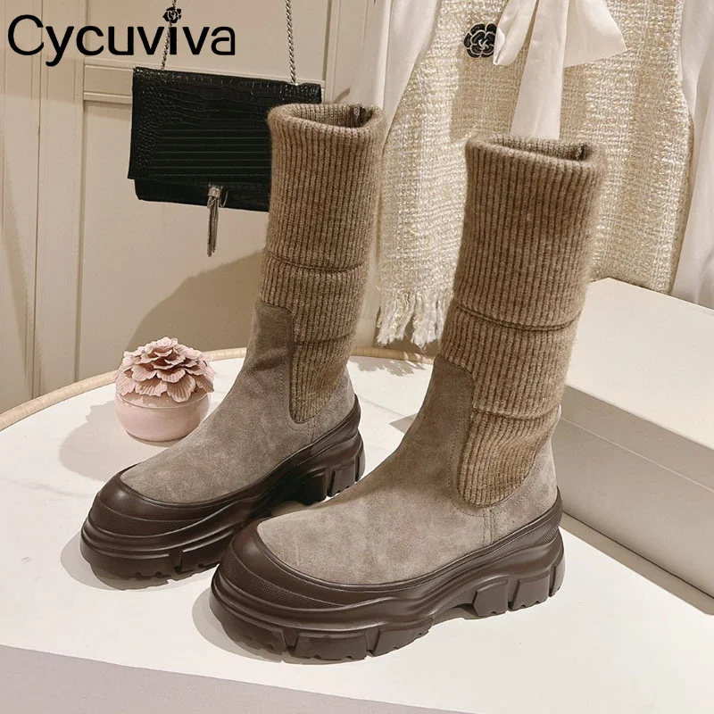 

Замшевые ботинки на толстой подошве, женские дизайнерские вязаные Стрейчевые ботинки с круглым носком, женские зимние повседневные ботинки на плоской подошве для женщин