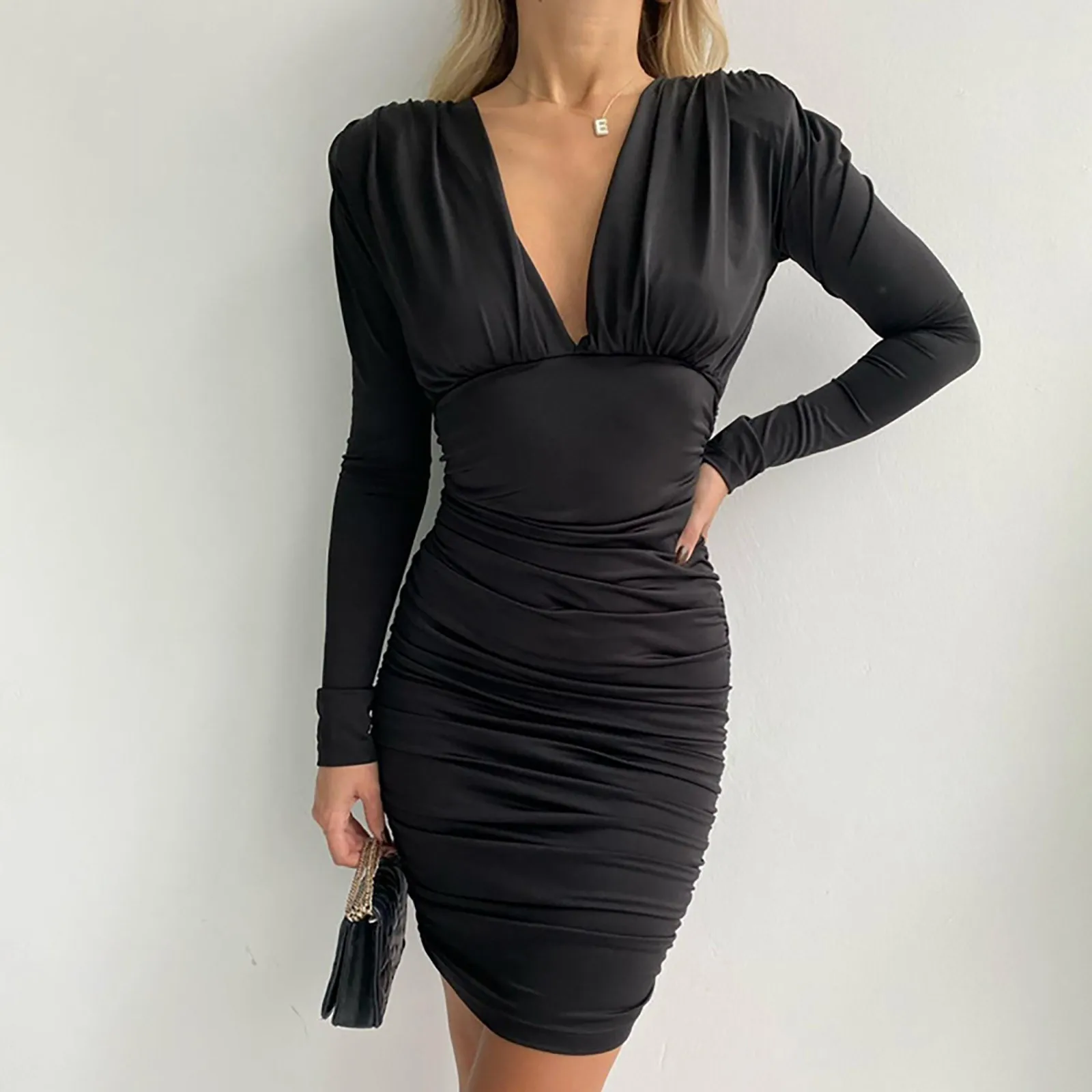 

Women Wrap Elegant Bodycon V Neck Long Sleeve Ruched Midi Dresses Cocktail Evening Party Dress Autumn Office Lady Solid Dresses