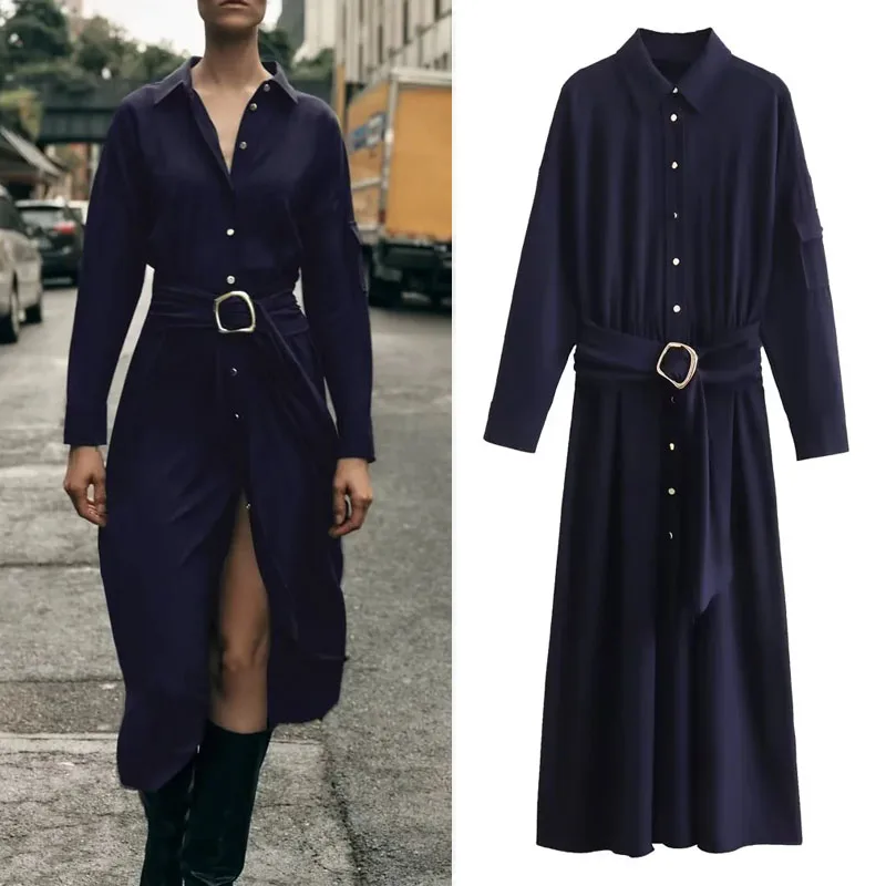 

TRAF Women's Shirt Long Dress 2023 Blue One Piece Dress Female Lapel Long Sleeves Party Dresses Woman Waist Belt Midi Dresses