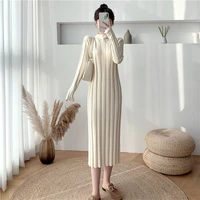 autumn and winter new high end temperament korean womens half high neck long sleeve pleated fashion sweater knitted dress