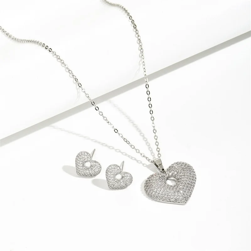 Full Inlaid Zircon Openwork Heart Pendant Necklaces Earrings Jewelry Sets for Women Anniversary Gifts Party Accessories (art.: 3920bc542e97e) - 3920bc542e97e