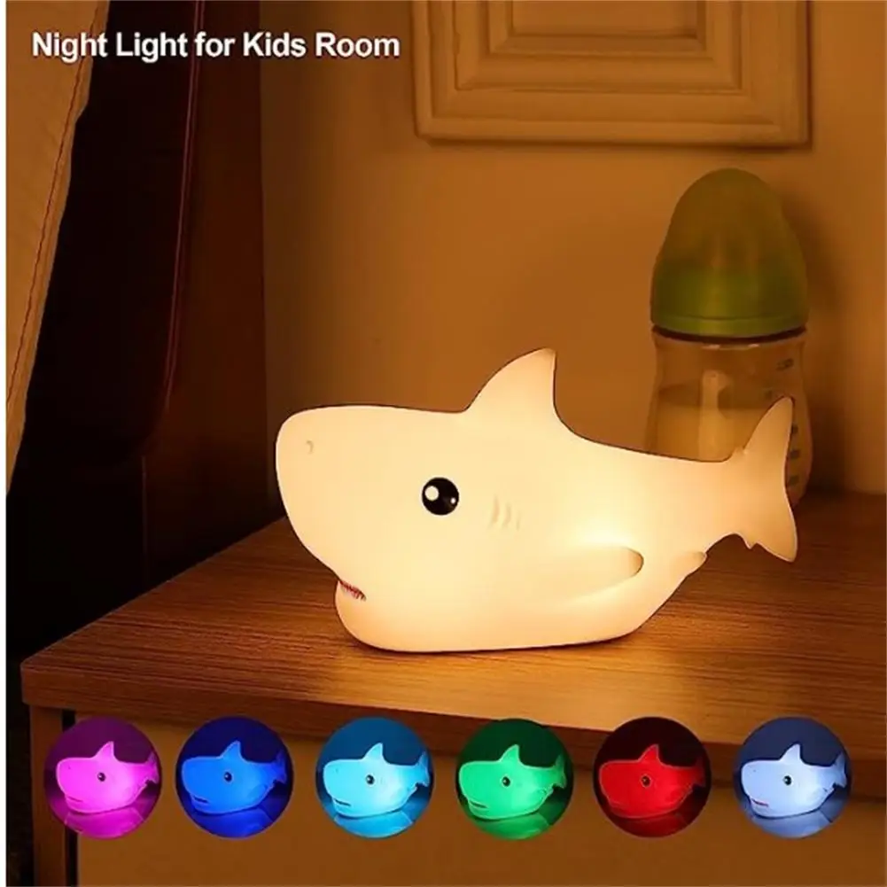 

LED Night Light Shark Shaped Rechargeable Colorful Dimming Touch Silicone Table Lamp Bedside Decoration Light Kid Gift