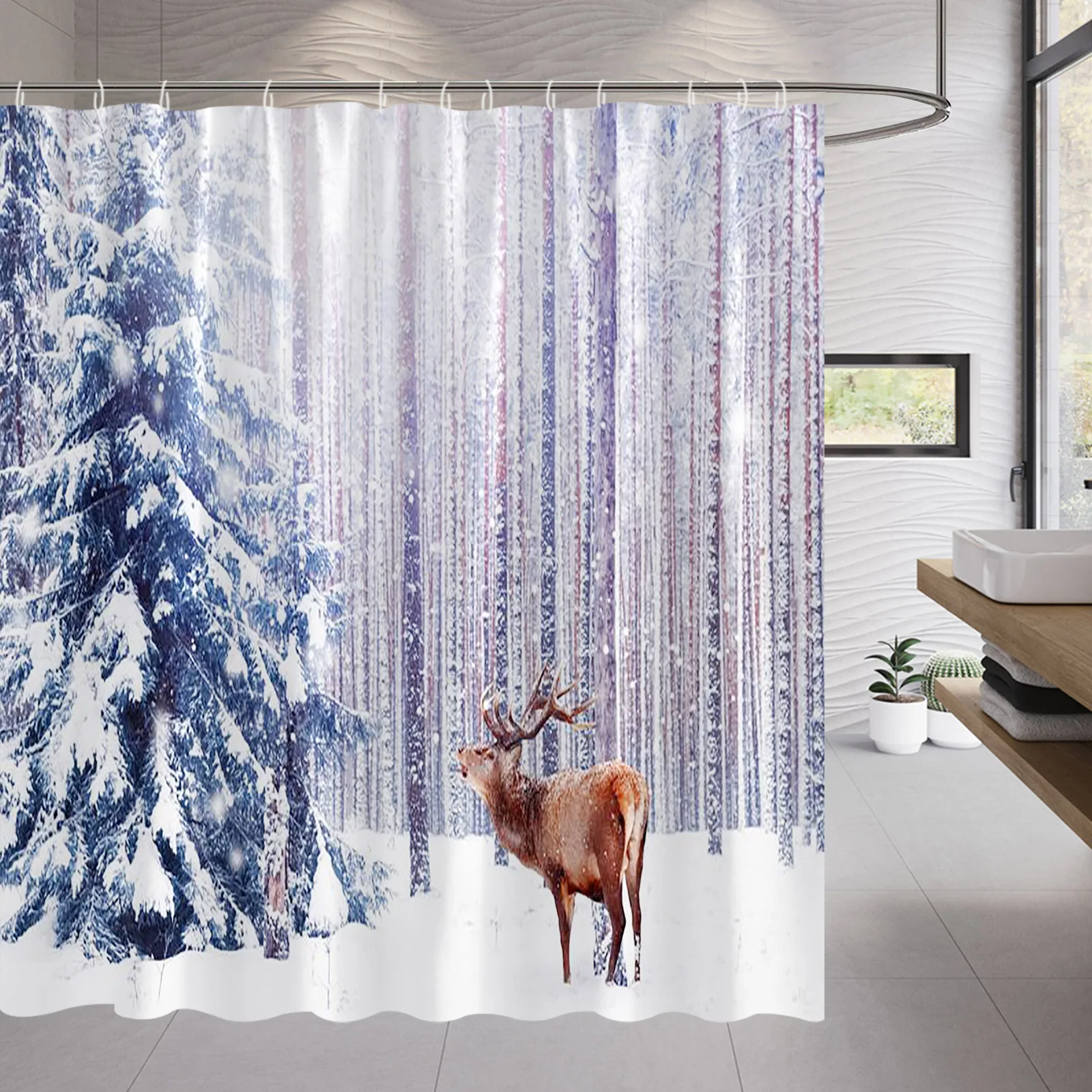 

Лесной олень, занавеска для душа, зимняя сосна, снежный пейзаж, пейзаж, ткань, Декор, шторы для ванной, крючки, набор аксессуаров для ванной ко...