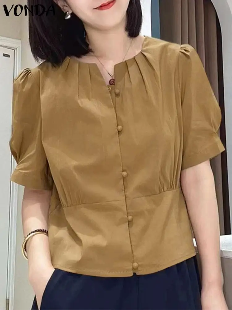 

VONDA Elegant Women Shirts 2023 Summer Short Sleeve Round Neck Ruffled Blouses Buttons Tunic Tops Casual Loose Blusas Femininas