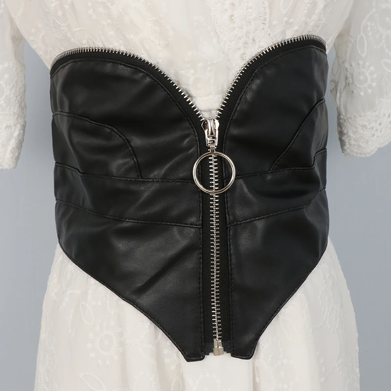 Irregular Zipper Corset Buster Waistband For Women Lolita PU leather Sexy Wide Waist Bands Spring Coat Shirt Ladies Waist Belt