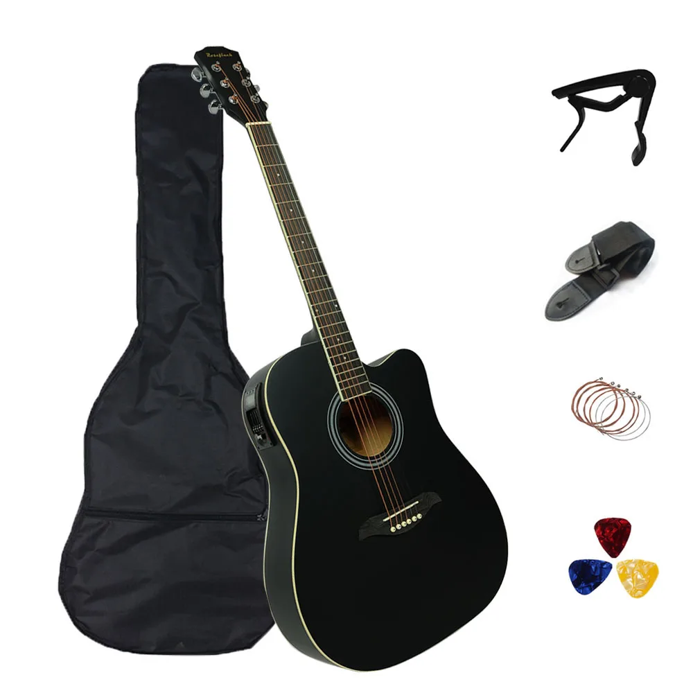 Acoustic Folk Guitar 41 inch Basswood Guitar with Bag Pick Capo Strings Wooden Guitar for Beginners Black Wooden Blue AGT123A