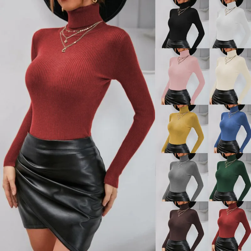 

2022 women's autumn and winter new turtleneck sweater sexy slim knitted sweater top