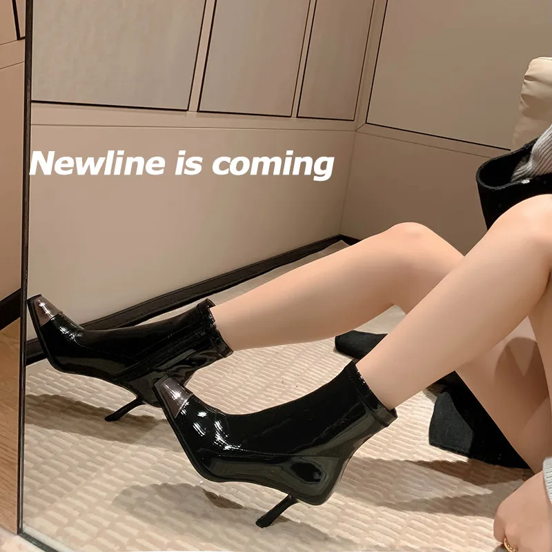 

MKKHOU модные короткие сапоги для женщин, новинка, высокое качество, лакированная кожа, металлический носок, тонкий каблук 8 см, высокий каблук, обтягивающие, эластичные Современные Сапоги