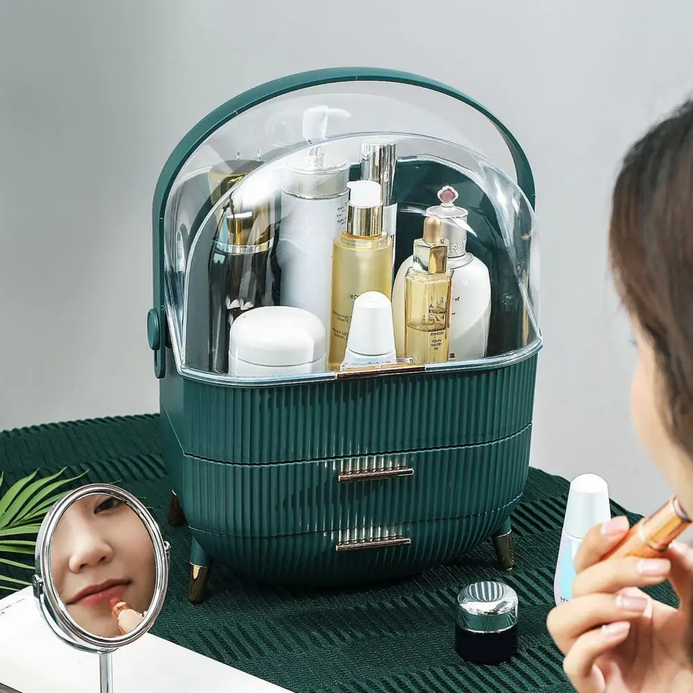 

Пылезащитный косметический Органайзер, портативный Овальный органайзер для макияжа с позолоченным штативом, прозрачная косметика на окно для туалетного столика