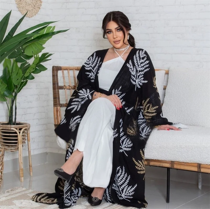 Abayas for Women Dubai 2022 Black Mesh Embroidered Front Open Abaya and White Halter Neck Vest 2 Pieces Muslim Set New