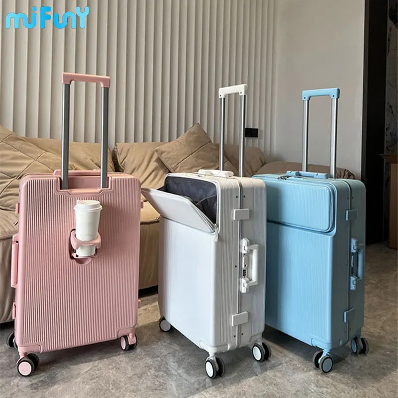 

MIFUNY Rolling Luggage with Cup Holder Front Open Carry on Luggage with Wheel Aluminum Frame Sturdy Trolley Case Travel Suitcase