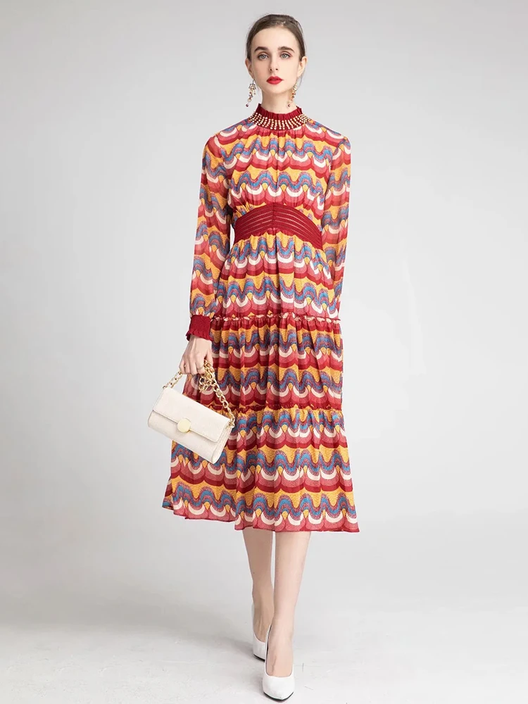 

Svoryxiu Spring Summer Runway Designer Long Sleeves Long Dress Women's Fashion Bead Geometry Print Dresses Vestdios