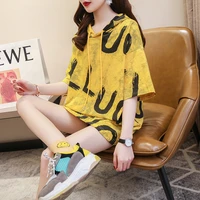 net red hooded short sleeve t shirt women long loose large version of the upper garment letters leisure half sleeve top