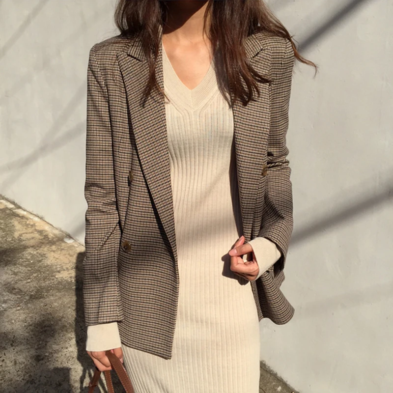 2022 Spring Vintage Houndstooth Double Breasted Office Ladies Suit Coat Fall Plaid Long Loose Blazer Women Long Sleeves Jacket