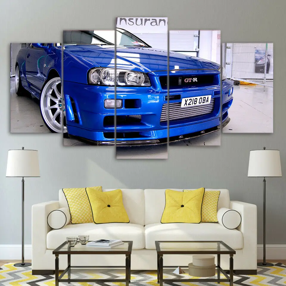 Синий Nissan Skyline Gtr роскошный автомобиль 5 панелей настенное Искусство Холст