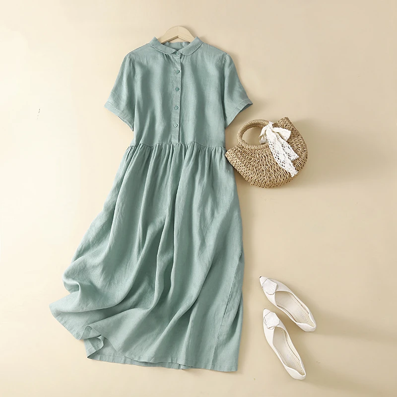 Summer Cotton Linen Dresses for Women Vintage Short Sleeve Shirts Midi Dress Female Loose Single Breasted Solid Color Femme Robe