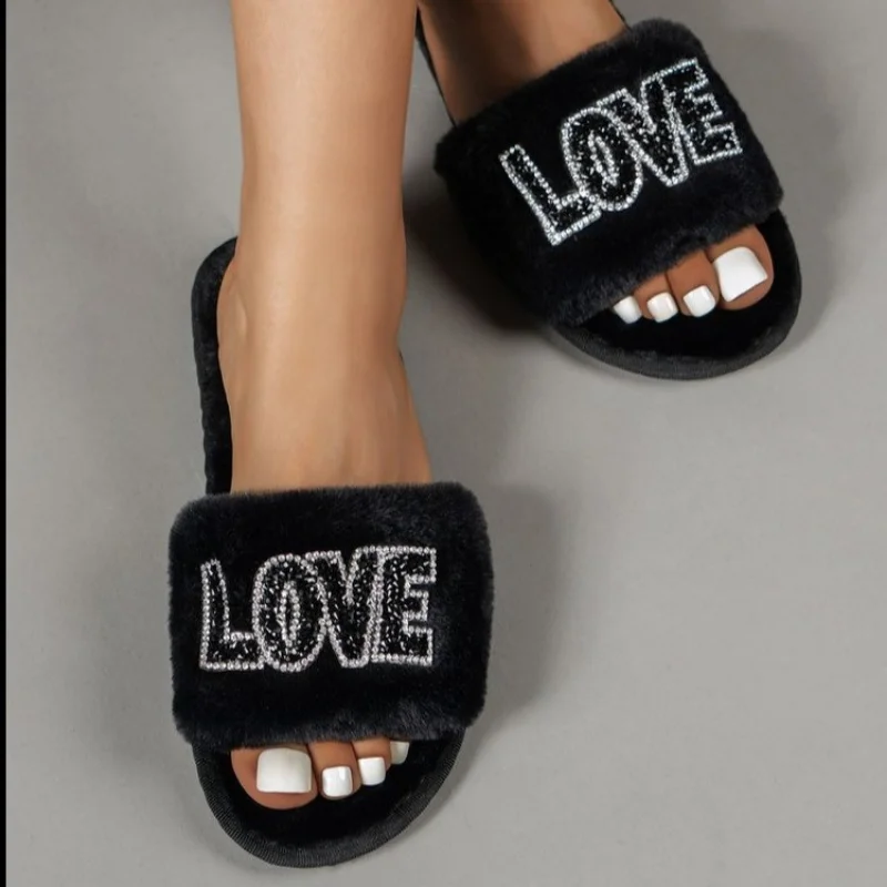 

Plush Slippers Women's 2022 New Fashion Home Interior One Word Cotton Slippers Open Toe Warm Thick Cotton Slippers Zapatos Mujer
