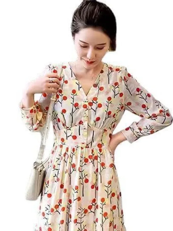 Женское шифоновое платье с V-образным вырезом длинным рукавом