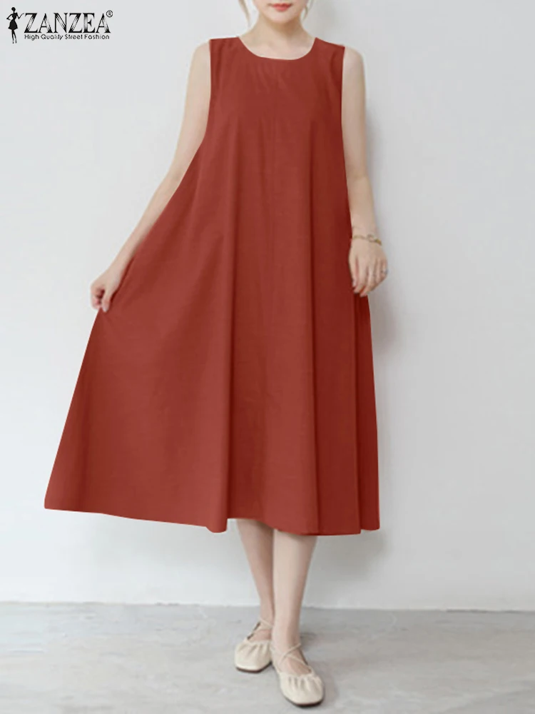 

ZANZEA Femme Fashion Holiday Casual Loose Vestidos Summer Woman A-line Dress Sleeveless V-Neck Solid Knee Length Oversized Robe