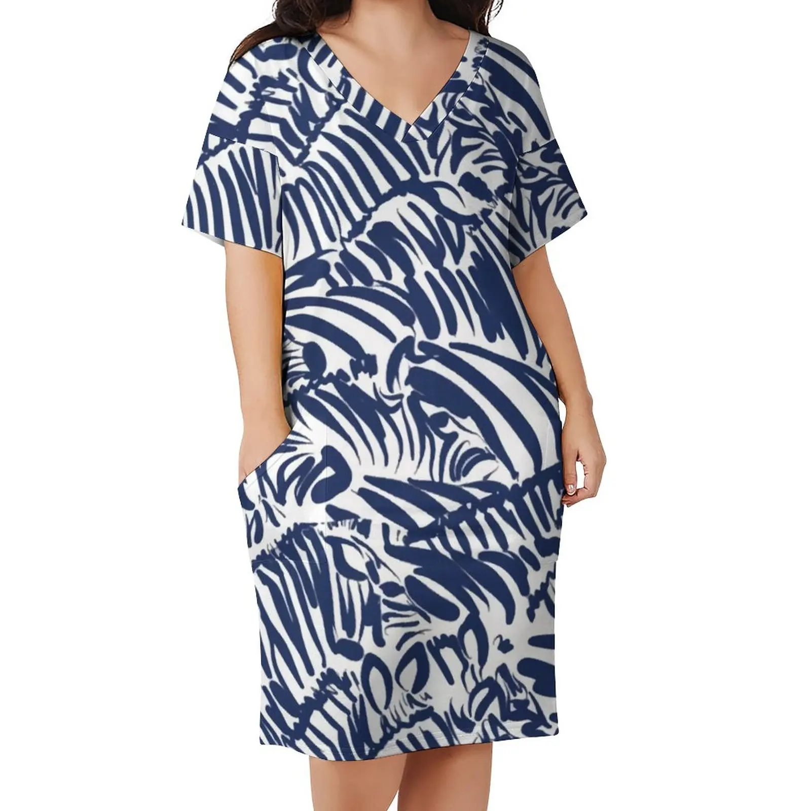 

Zebra Stripe Navy Dress V Neck Abstract Fun Animal Modern Dresses Korean Fashion Graphic Casual Dress With Pockets Plus Size 5XL