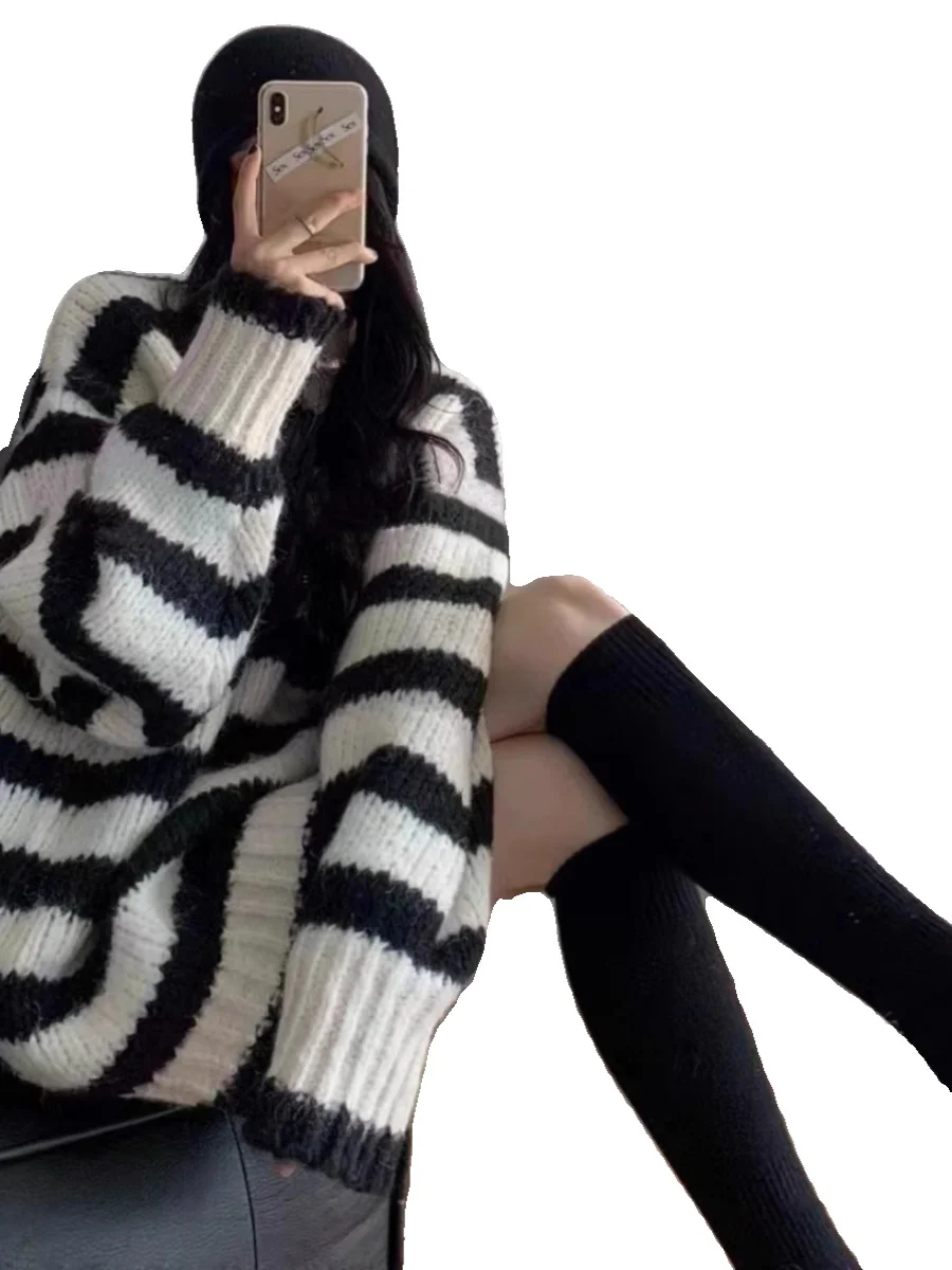 Korean Series Contrast Color Stripe Mid-Length Thick Line Sweater Women Autumn and Winter New V-neck Loose Idle Sle Knit Top