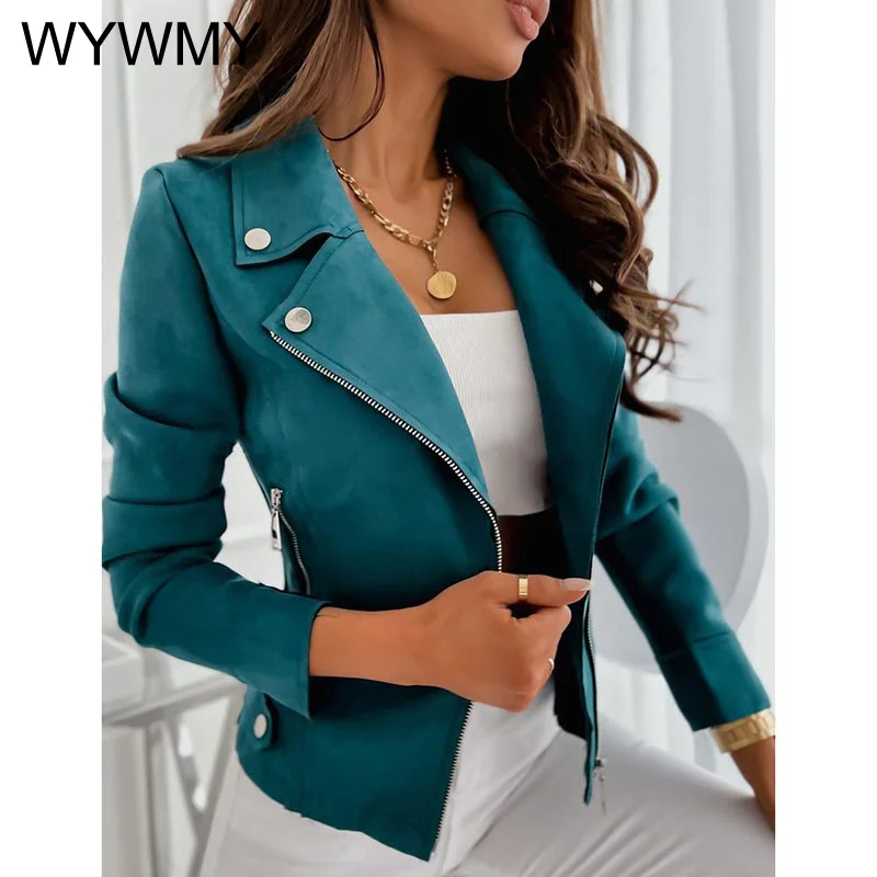 

WYWMY Fashion Women PU Leather Coat with Zipper Spring Autumn Thin Jacket Outwear Long Sleeve Vintage Slim Streetwear Coat New