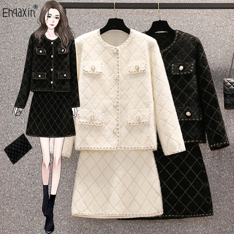 

EHQAXIN Autumn Winter New Women Dress Set Fashion Elegant Knitted Button Mink Velvet Cardigan+Loose Elastic Skirt 2Pcs Set L-4XL