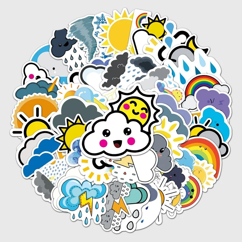 

50pcs Weather Stickers Pack Waterproof Cartoon Sticker for Laptop Skateboard Water Bottles Scrapbook DIY Planner Gift Stationery