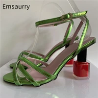 Unique Nail-Polish Strange Heel Sandals Women Sexy Cross Narrow Band Ankle Strap Patent Leather Open Toe Party Shoes Summer