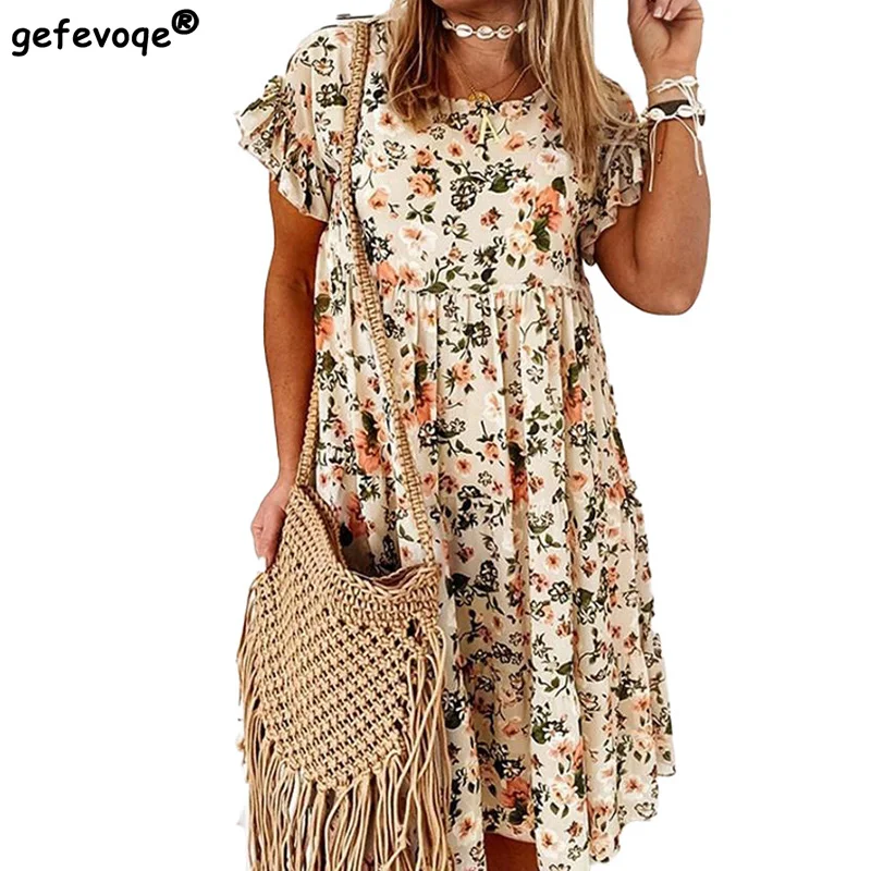 

Bohemian O Neck Print Butterfly Sleeve Knee Length Loose Waist Folds Oversize Midi Dress Summer New Loose Fashion Women Clothing