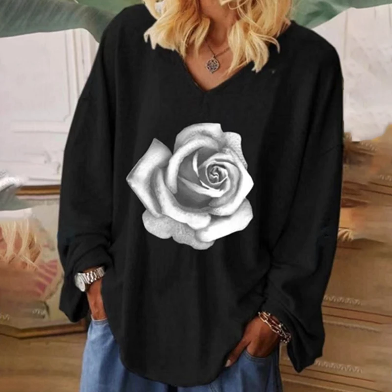 

Women Blouse Rose Pattern Flower Printing 2022 Casual Loose Long Sleeve Shirt Tops V-neck Female Clothing
