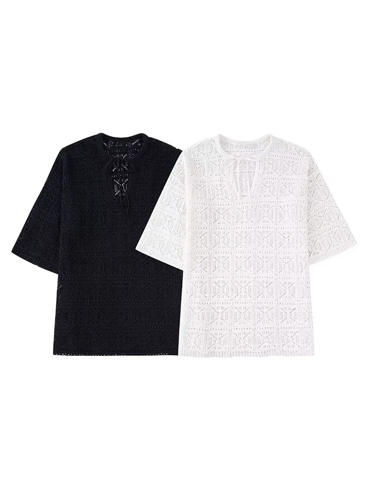 

ZAA Summer 2022 New ladies Fashion Chic Elegant V-neck Bow Decoration Retro Casual Hollowed-out Jacquard Mesh Fabric KnitSweater