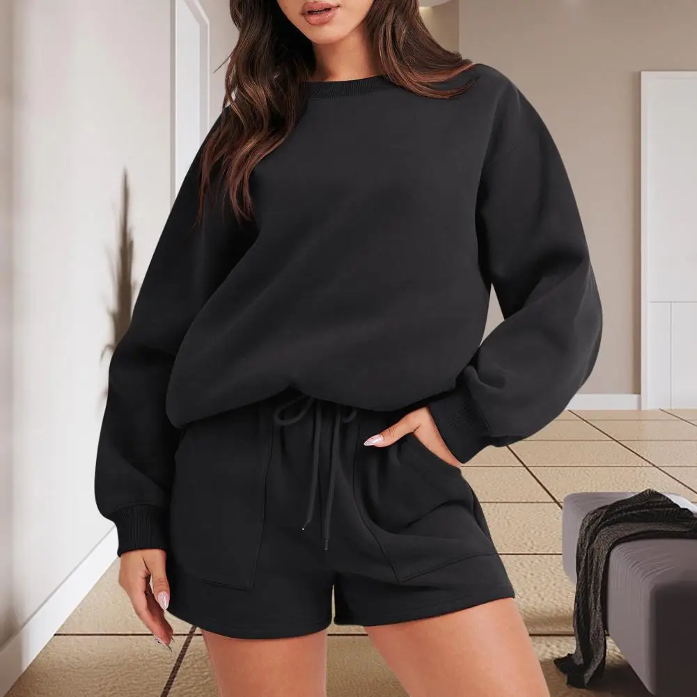 

2 Pcs/Set Women Sweatshirt Shorts Set Loose Lady Fall Spring Outfit Solid Color Drawstring Elastic Waist Long Sleeve Lady Suit