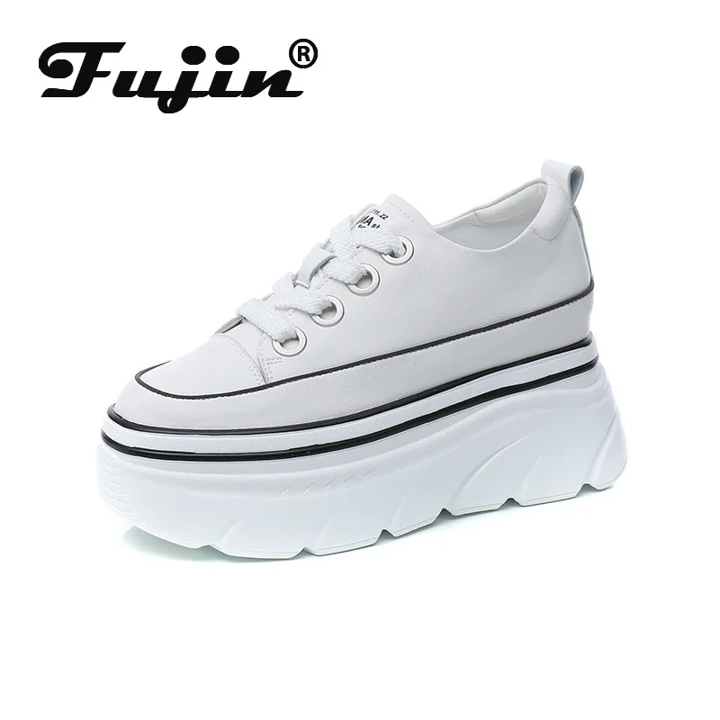 

fujin 8cm Genuine leather Spring Autumn summer platform wedges Qualite Vulcanized internal increase casual women bordered shoes