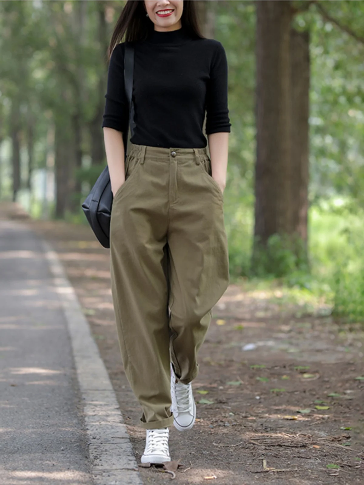 Оригинальные весенние 2024 Новые однотонные брюки-карго с высокой талией женские