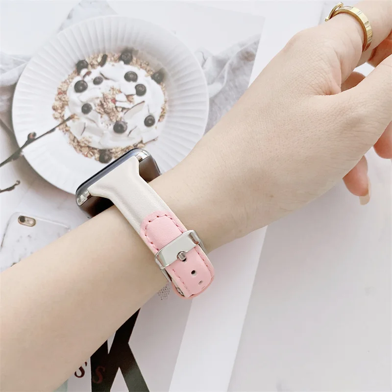 Slim Leather Strap For Apple Watch Band 40mm Series 8 Ultar 7 6 SE 5 4 3 38MM 42MM Bracelet For iwatch 49MM 44MM 41MM 45MM Pink