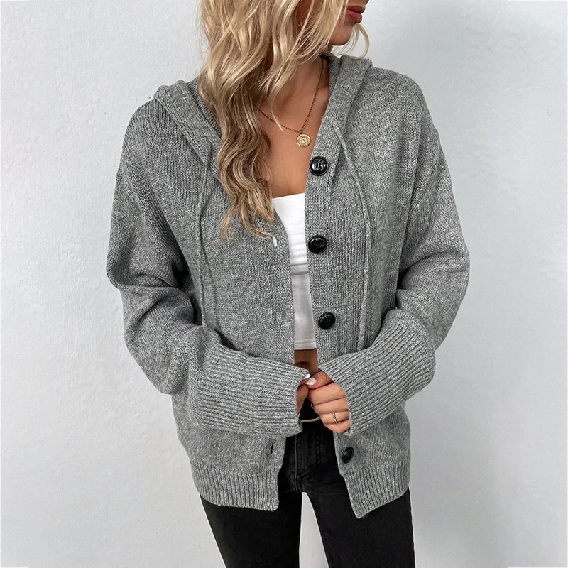 

Casual solid color hooded single breasted sweater women's autumn/winter 2023 new drawstring knitted cardigan coat women
