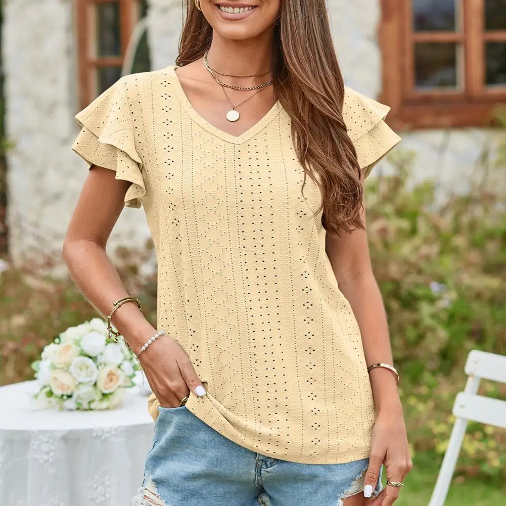 

Tee Shirt V Neck Women Shirt Hollow Trim Blouse Top Casual Blouse Tee Shirt V Neck Women Shirt Hollow Trim Blouse Top