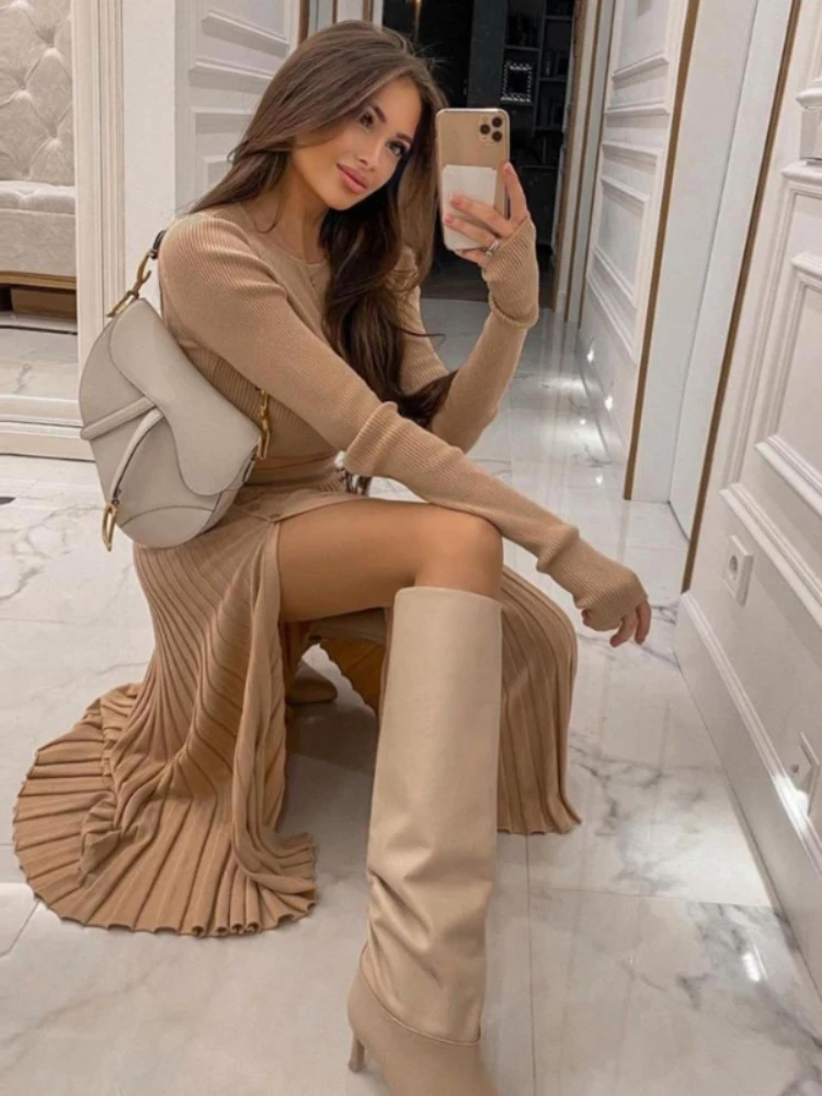 NIXILA новый сексуальный свитер укороченный топ юбка миди комплект из двух